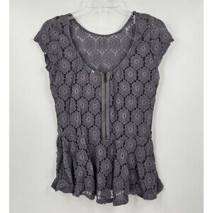 Eyeshadow Womens Gray Patterned Lace Zip Front  Peplum Cap Sleeve Blouse M